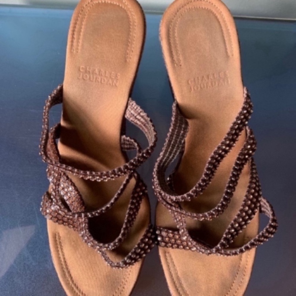 Charles Jourdan Vintage Brown Rhinestone Wedges - Picture 3 of 12